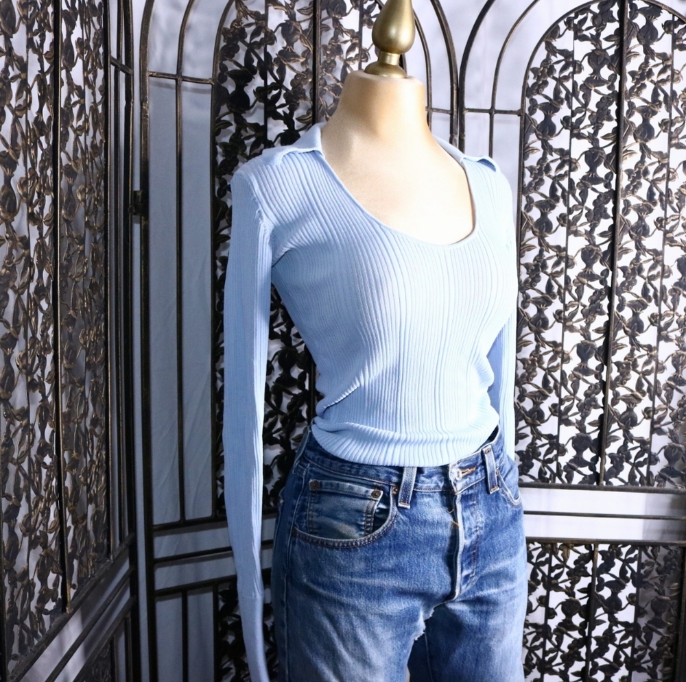 FREE SHIPPING Ronny Kobo Light Blue Ribbed Collared Long Sleeve Top, XS - Picture 2 of 8